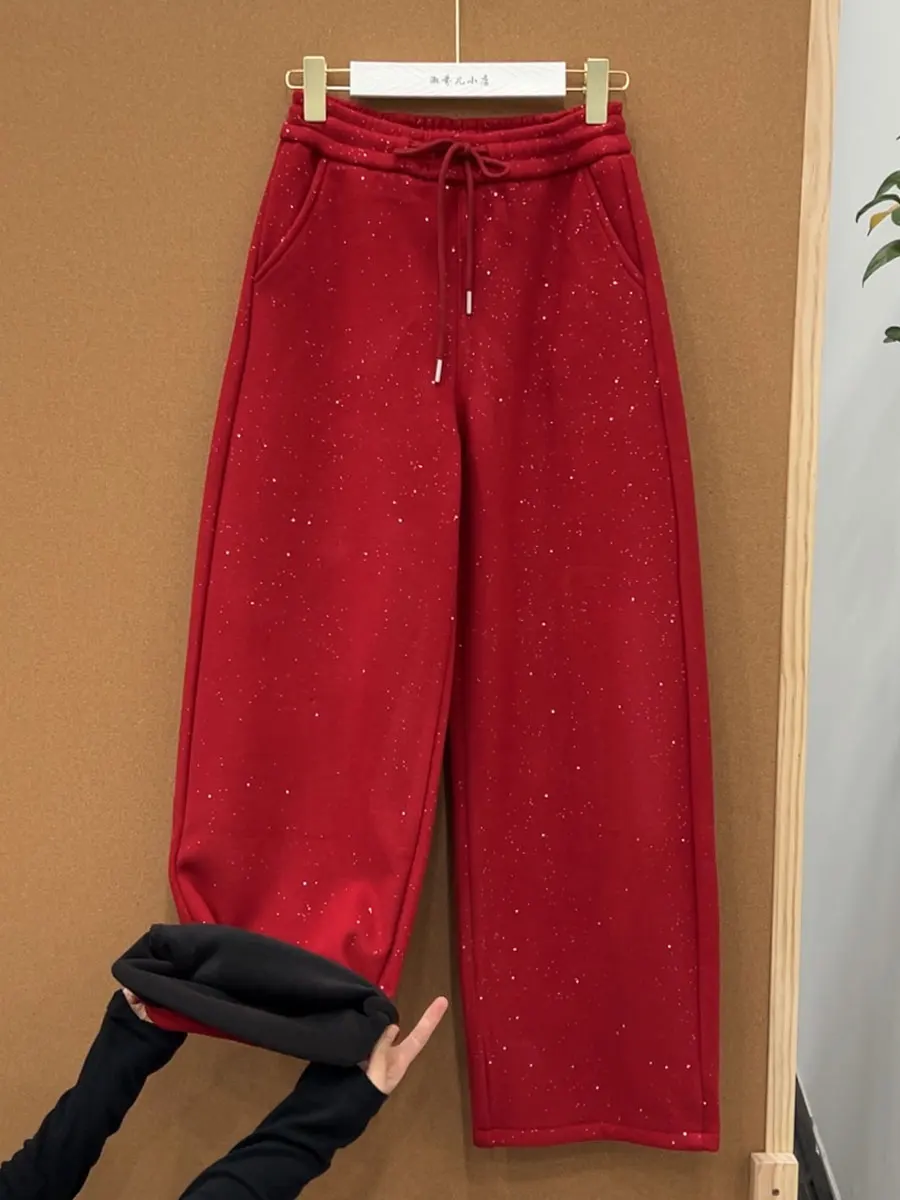 

New Year Red iny Fce Wide Leg Straight Cut Pants Loose Casual Women's Trousers Floor Length 03cm Comfortable Cotton Blend