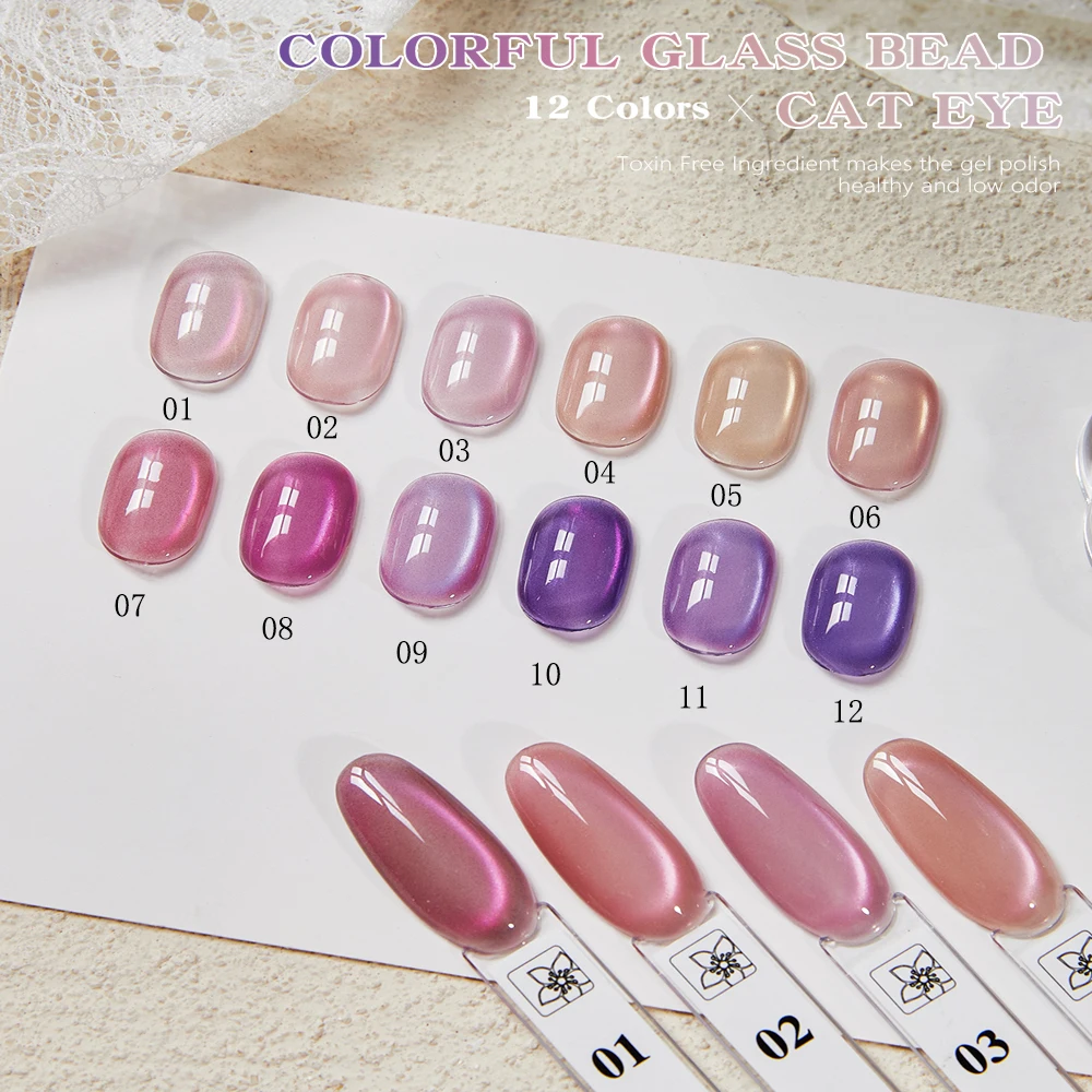 Vendeeni 12 Colors/set Glitter Cat Eye Crystal Gel Nail Polish Pink Purple Glass Beads Magnetic Gel Varnish With Color Card