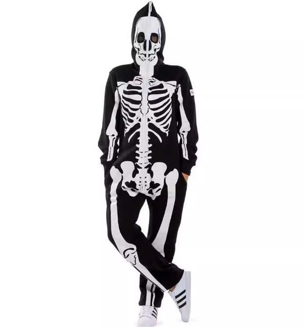 Women\'s Jumpsuit Hooded Zipped Up Long Sleeve Holloween Costume 3D Printed Black Skeleton Print Loose Harem Pants Jumpsuit