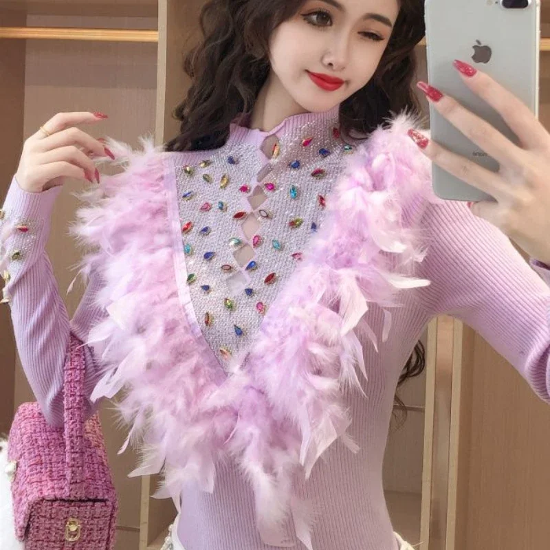 

Fall Women Hot Drilling Diamonds Beaded Knitted Bottoming Shirts Mesh Splicing Hollow Sweater 3D Feather Pullovers Knitwear Tops