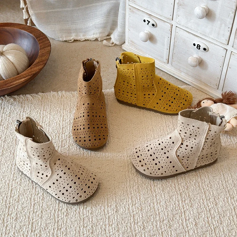 Kids Hollow Out Ankle Boots Girls Retro Suede Breathable Cutout Booties Back Zipper Soft Sole Non-slip Casual Summer Shoes