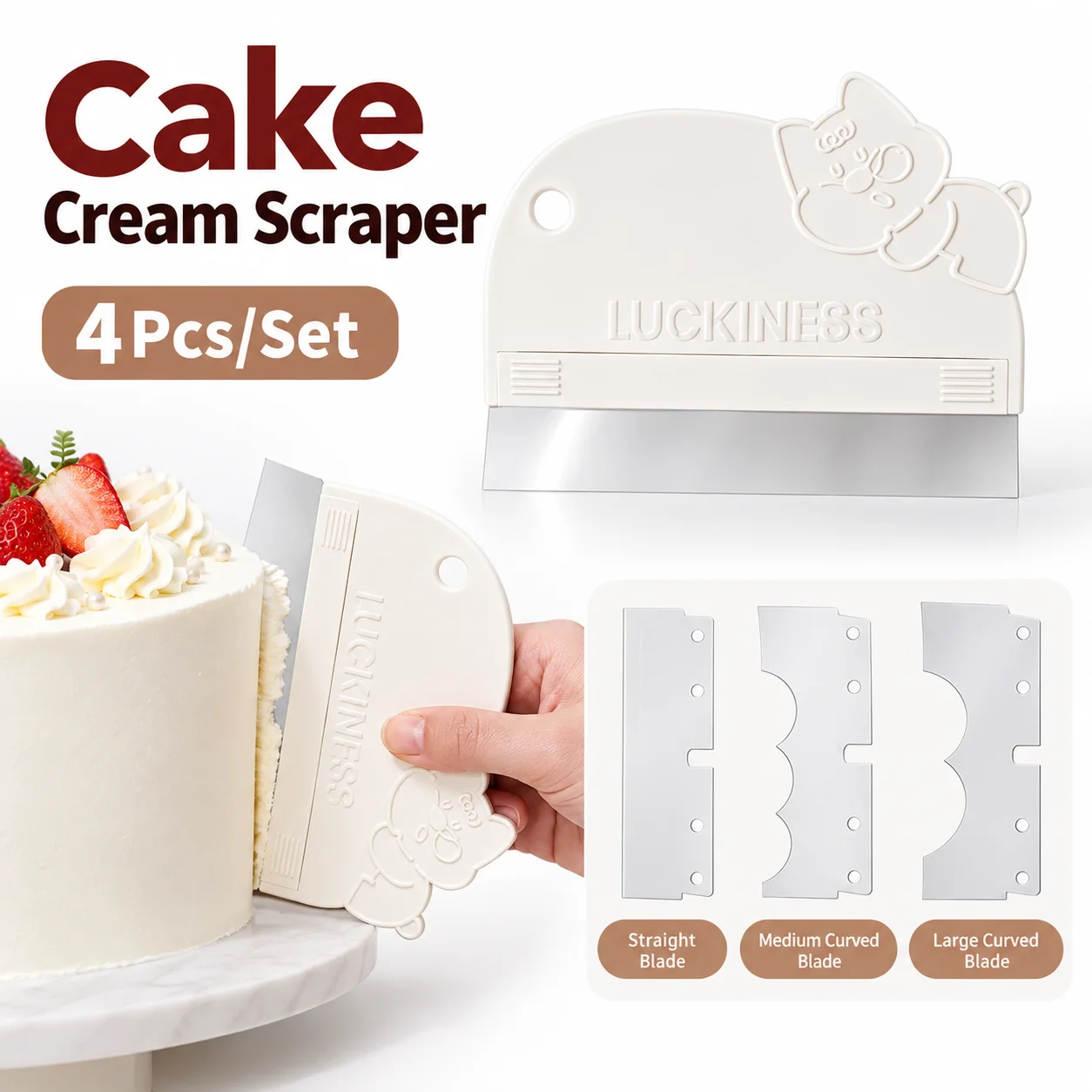 4Pcs/Set Transparent Cake Cream Scraper Flexible Interchangeable Blades Frosting Smoother Cream White Curved Blade Design