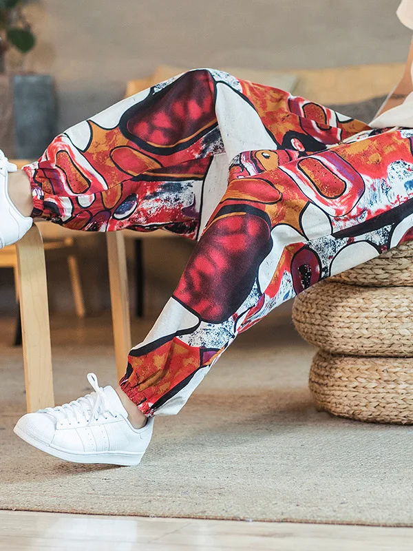 

Retro Loose Lantern Pants Men's Casual Printed Loose Trousers l Waist Dstring Summer Faion Khaki Color