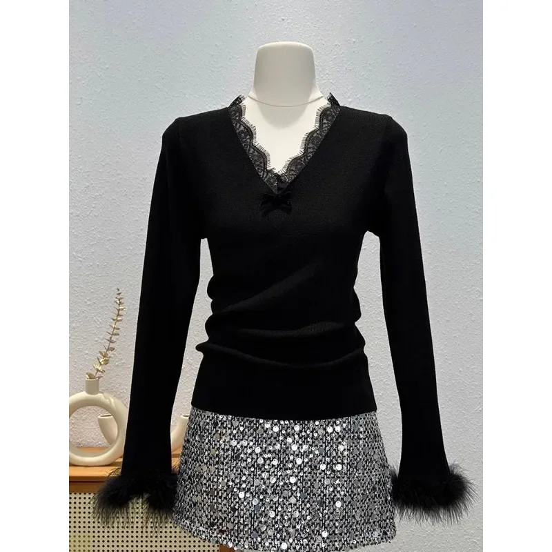 Autumn and Winter Furry Slim-fit Shirt Versatile Top Stylish and Chic Design V-neck Lace Ee German Fleece Sweater for Women