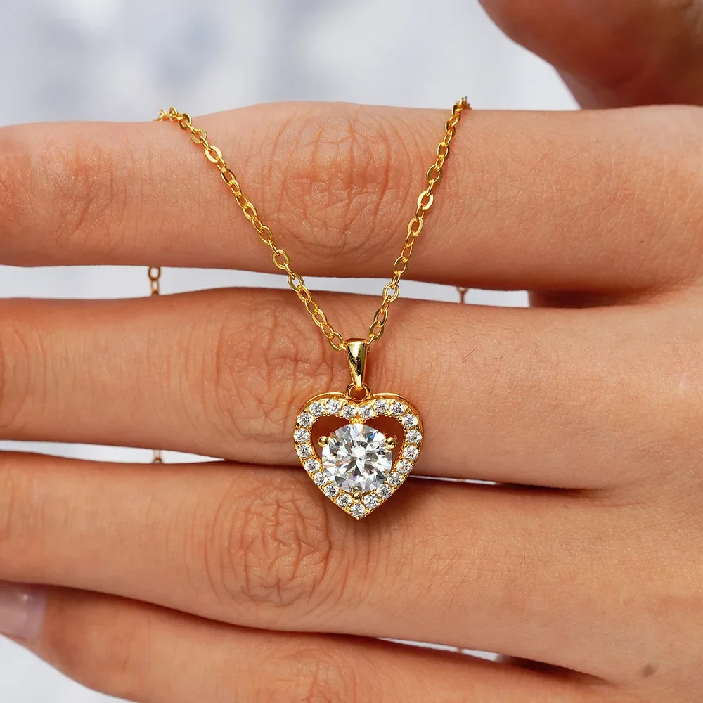 Lumira Heart-Shaped 18K Gold Collar Chain Pendant with 2 Carat Moissanite Heart Necklace for Women