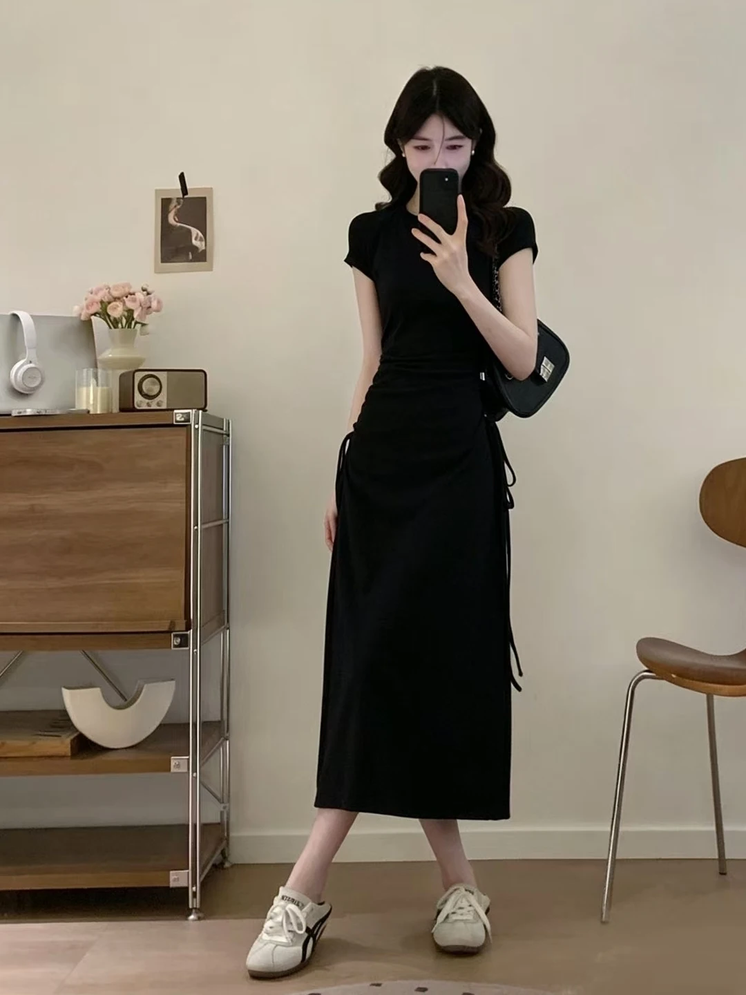 Summer New Style Women's Short Sleeve Dress Drawstring Waist Slimming Design High Waist A-Line Skirt Daily Wear Polyester Fiber