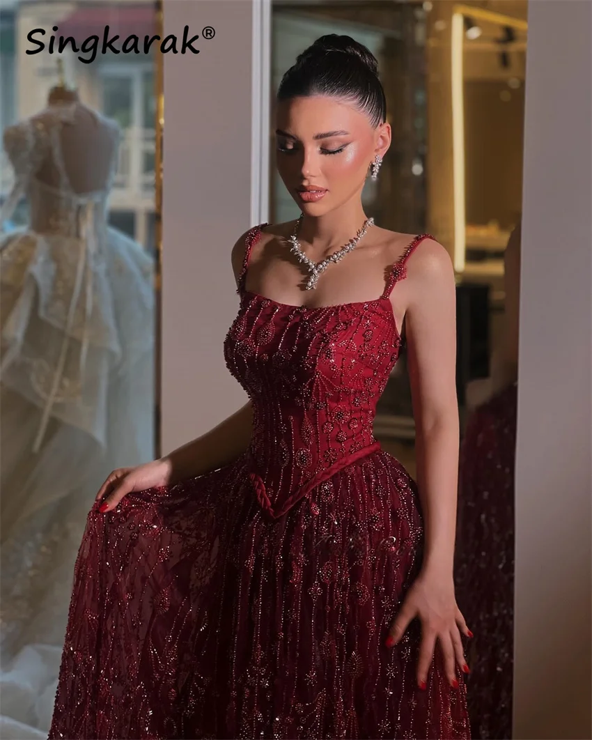 

Elegant Burgundy Luxury Women Evening Dresses 2025 Beading Wedding Party Gown Saudi Arabia Prom Gown Customized