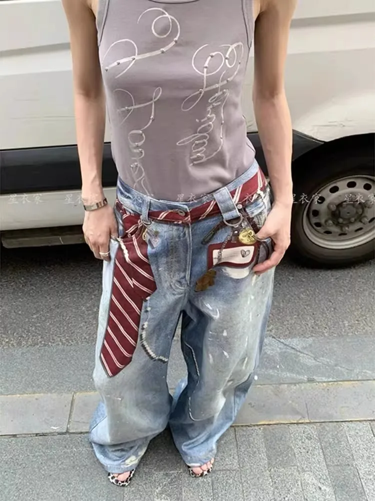 Women's Tie Print Pattern High Waisted Blue Jeans Y2k Cool Girl Wide Leg Vintage Streetwear Trouser Female Casual Denim Pants