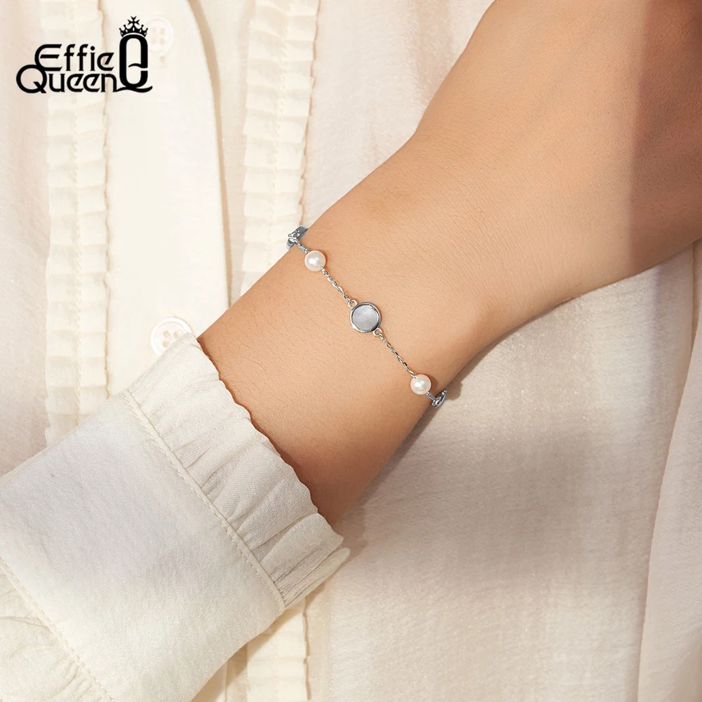 EFFIE QUEEN 925 Sterling Silver 5mm Four Oval Shell Pearl Bracelet O-Chain With Four Leaf Clover Symbol Of Beauty & Lucky GMB70