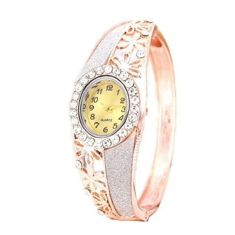 ساعة ذهبية وردية للسيدات ، ساعة كوارتز كورية ، ساعة ماسية مجوفة ، 1 زهرة