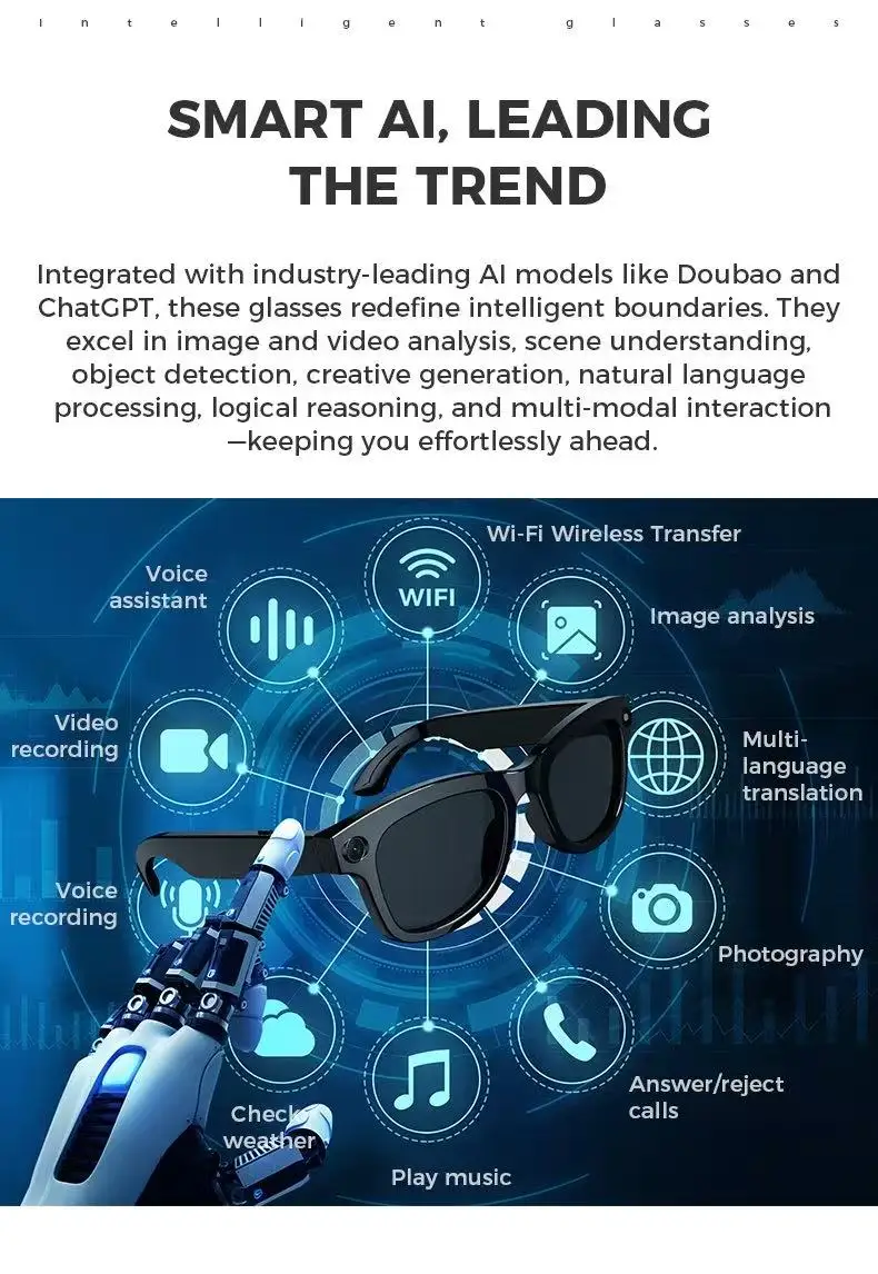 Nowe inteligentne okulary AI Kamera do tłumaczeń Rozpoznawanie obiektów Połączenia Bluetooth Odtwarzacz muzyki 8 milionów pikseli