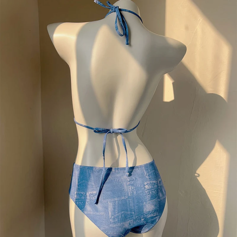 Letnie Y2K dwuczęściowy strój kąpielowy kobiety Sexy Backless z wysokim stanem zestaw bikini z wakacjami na plaży z długim pokrowiec i 4pcs kostium