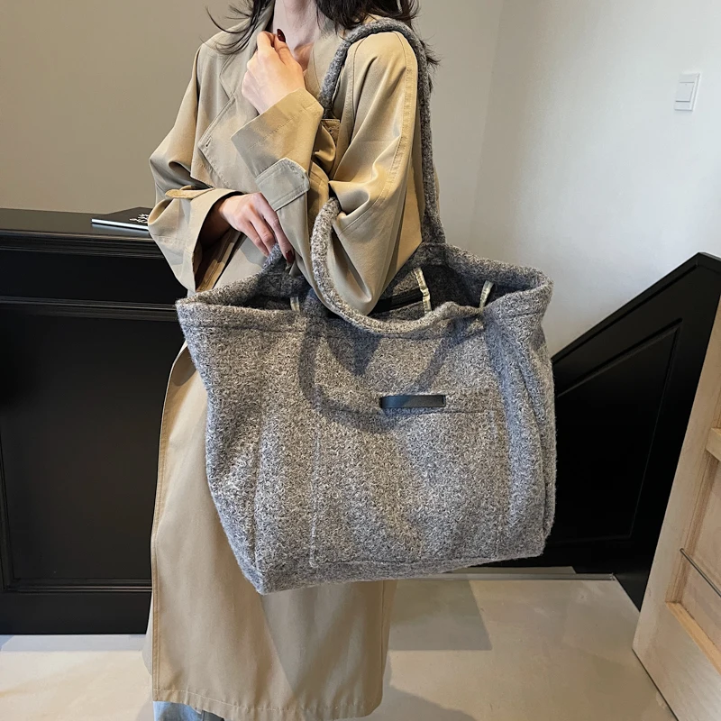 Felt Fabric Big Tote Bags For Women 2024 Winter Latest Trend Handbags Soft Pure Color Large Capacity Shopper Casual Totes Ladies