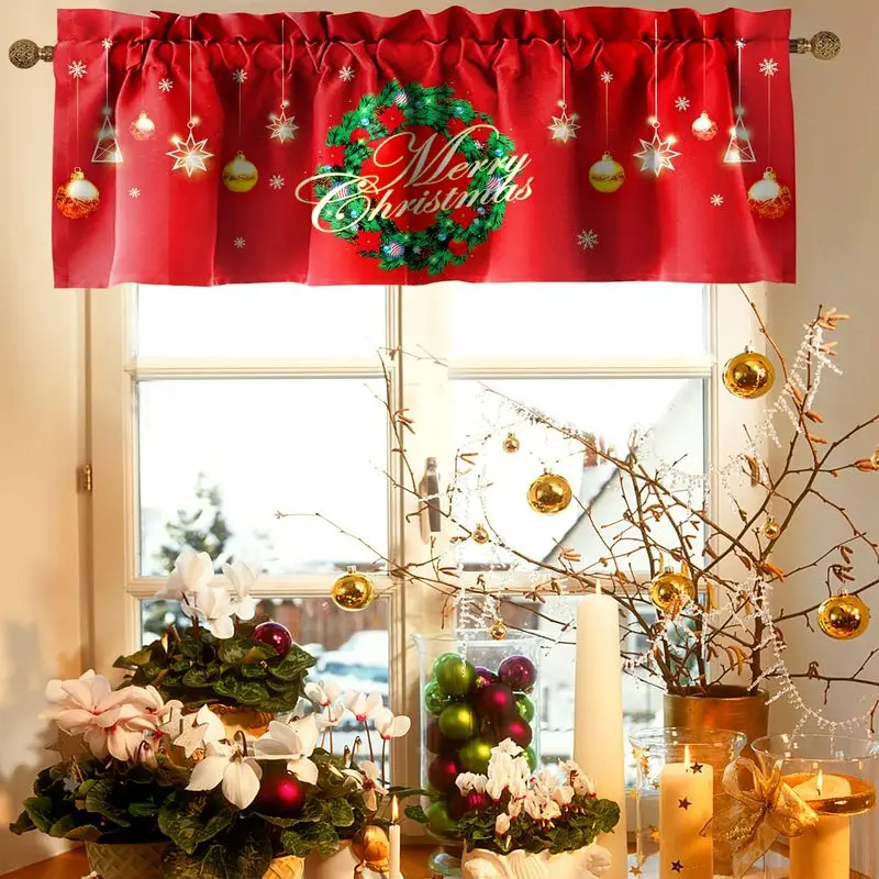 VIKAMA Christmas Short Curtains Valances Poinsettia Holly Xmas Ball Bow Kitchen Holiday Window Curtain Decor