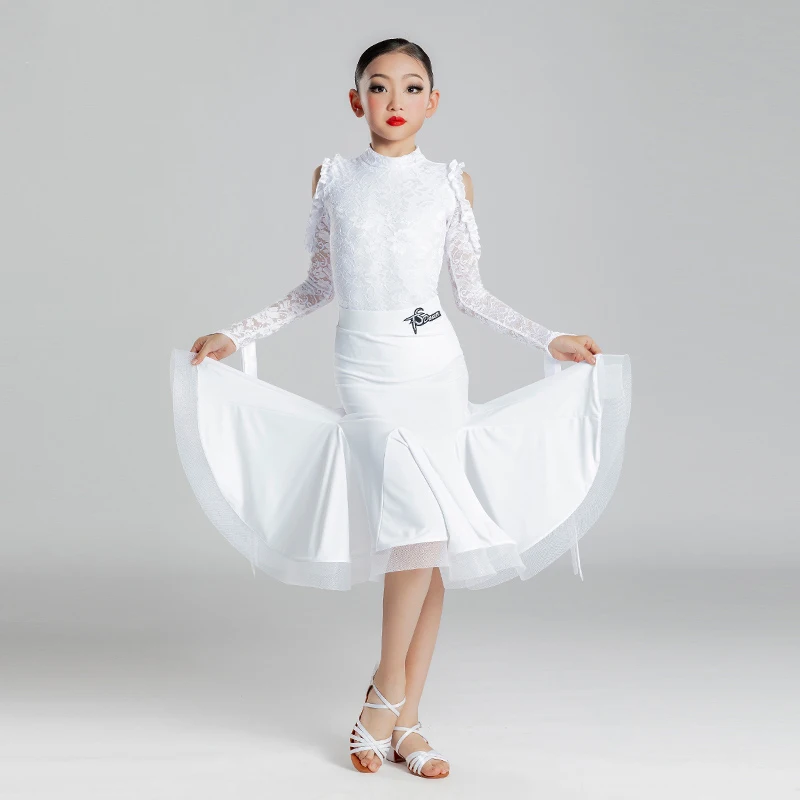 

Girls Ballroom Dress White Lace Split Suit Professional Ballroom Dancing Dresses Kids Modern Waltz Performance Clothes DN11208