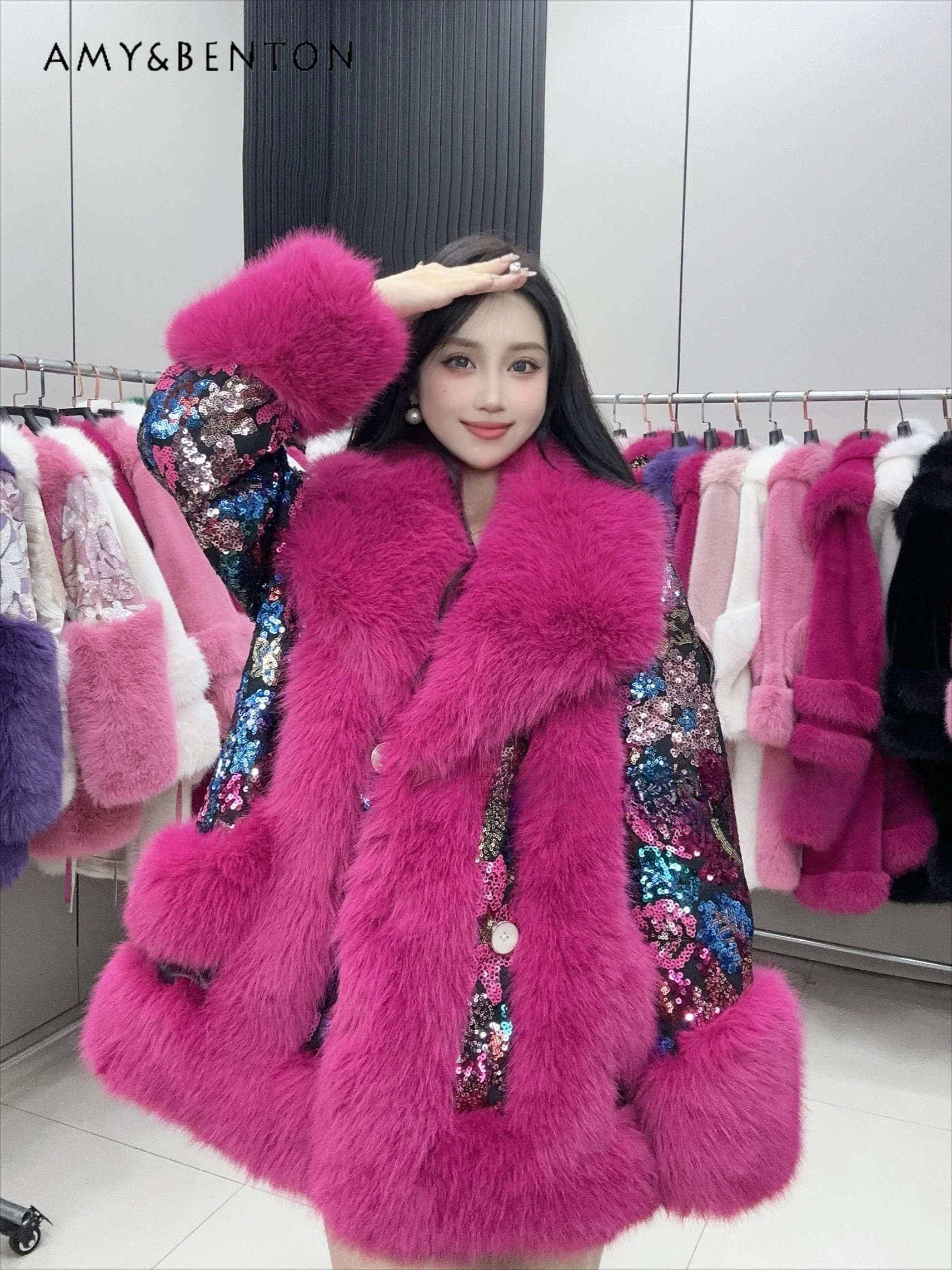 

Winter New Heavy Industry Faux Fur Temperament Fashion Big Fur Collar Sequined Fur Coat High Sense Sweet Ladies Thickened Coats