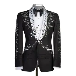 Sparkly Beaded Crystals Men Suits Shawl Lapel Groom Wedding Tuxedos Prom Blazers 2 Pieces Sets Party Slim Fit Costume Homme