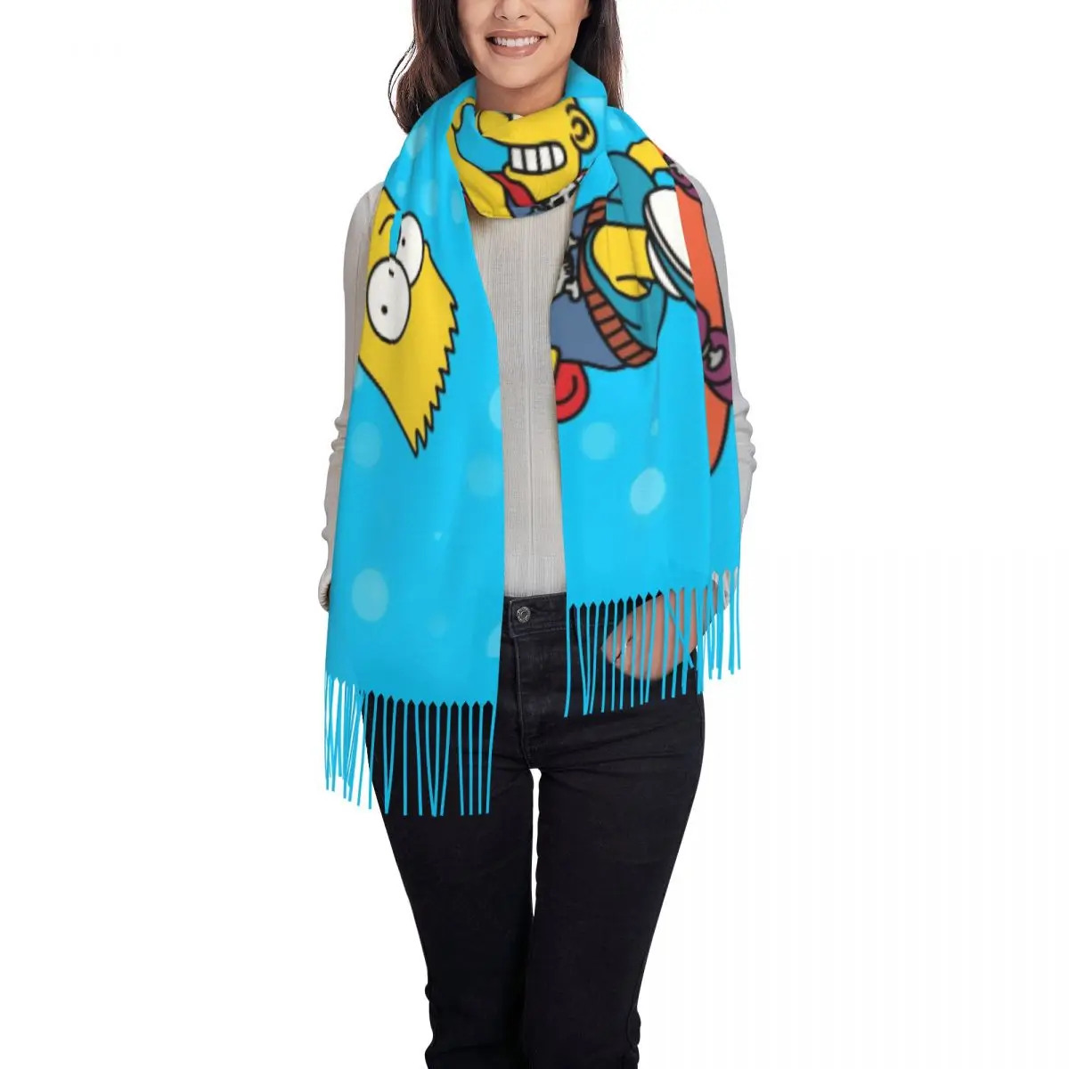 Custom Bart Simpsons En Patineta Tassel Scarf Women Winter Warm Shawl Wrap Female Scarves