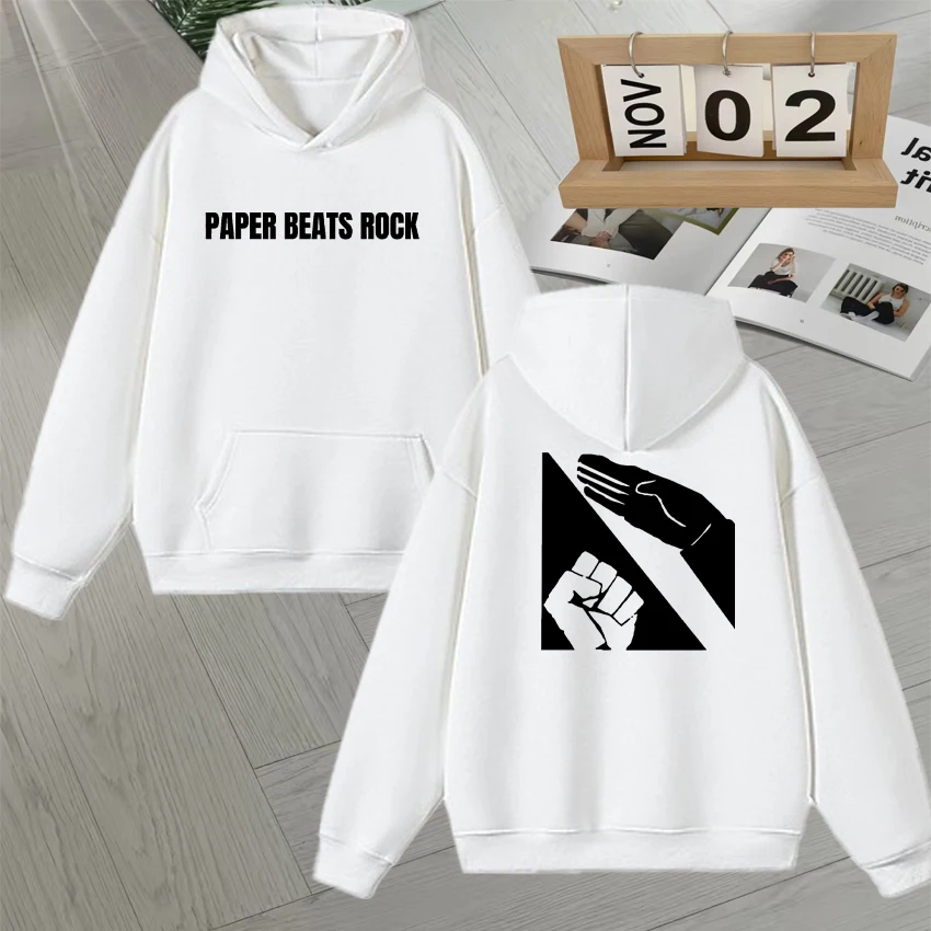Paper Beats Rock Meme Doppelseitiger Druck Sweatshirt Männer Frauen Fleece Herbst Winter Hoodie Lose Beliebte Unisex Vintage Pullover