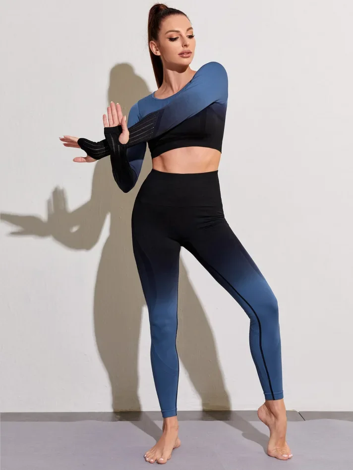 

Seamless Yoga Sets Sports Fitnes High Waist Hip Raise Pants Long-Sleeved Suits Workout Clothes Gym Shorts Set for Women