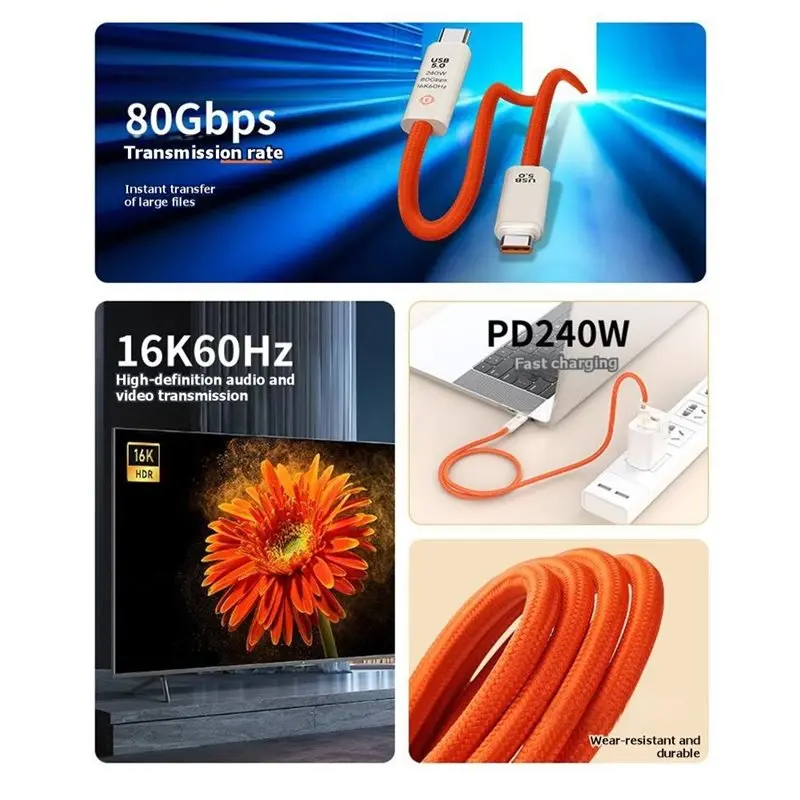 B27B USB 5.0 Fast Charging Cable 16K 60Hz+ 80Gbps+ PD 240W Type-C Data Cable Compatible For Thunderbolt 60Hz Projection 1M