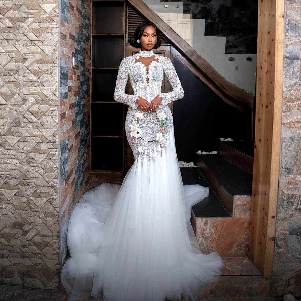 

Elegant White Lace Mermaid Wedding Dress Vintage Long Sleeve Transparent High Collar Bride Dress African Dress Custom