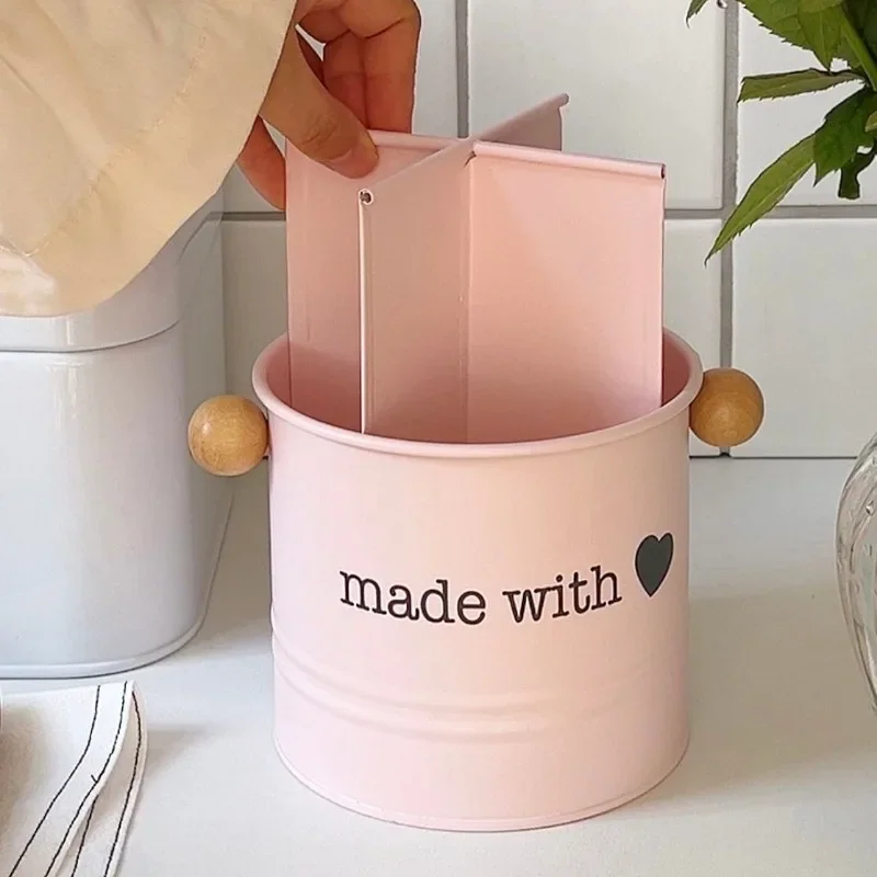 Ins Style Pink Metal Utensil Holder ,Cute Kitchen Organizer for Chopsticks Spatulas,Multifunction Countertop Canister, Girl Gift
