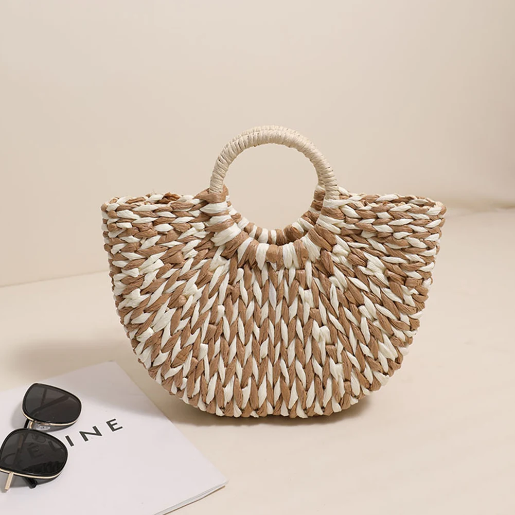 Women Straw Tote Handbag Large Capacity Half-Round Handbag Color Clash Semicircle Weaving Bag Beach Handbag