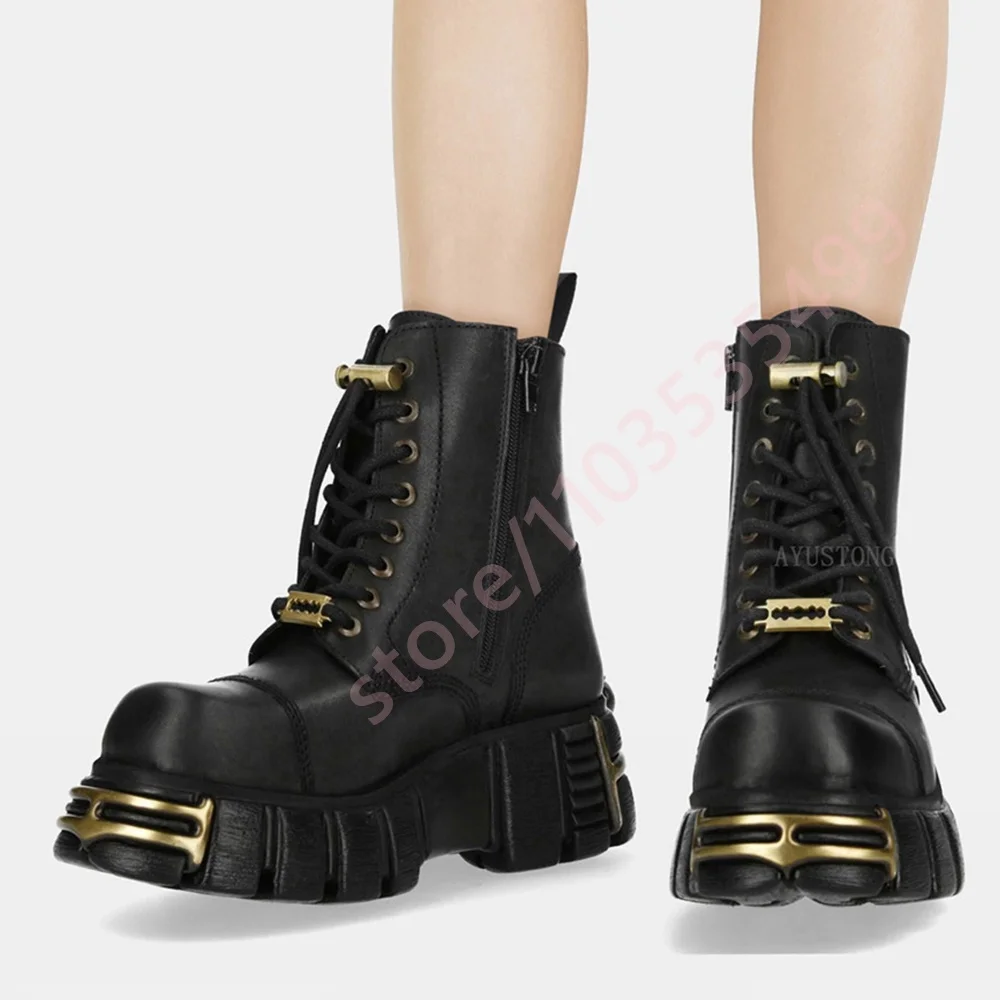 Chunky Heel Motorcycle Boots with Metal Studs New Spring 2026 Style Fashion Street Punk Rock Sporty Casual Lace-Up Boots