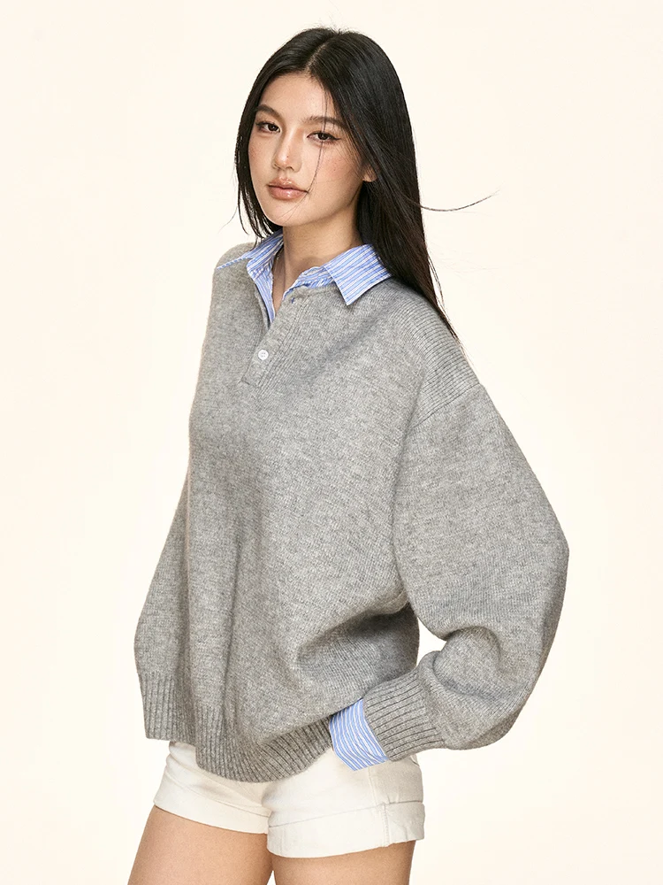 

Aaisup American College Sle Fake Two-Piece Sweater Women's Loose Lazy Sle Autumn Winter New Knitted irt Versatile Comfo...