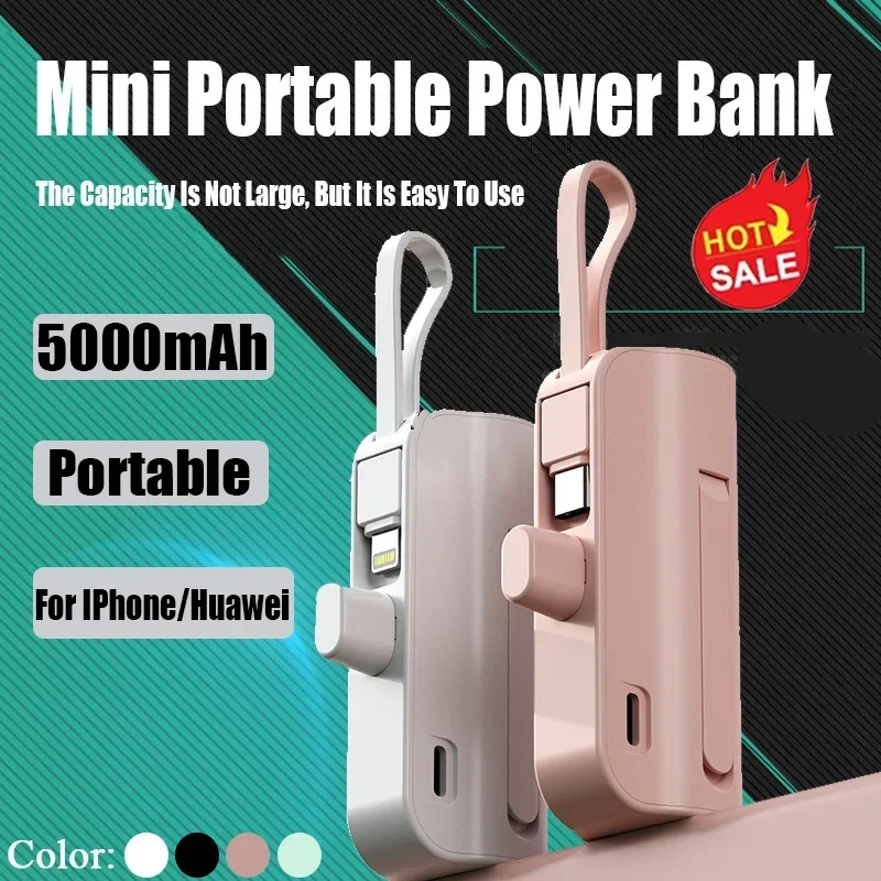 5000mAh New Mini Large-capacity Metal Capsule Power Bank Portable Shared Power Bank Built-in Cable Suitable for Ipone Xiaomi