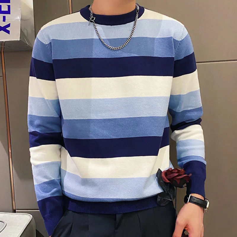 

Stripe Patchwork Pattern Knit T-Shirt High Elasticity Long Sleeve Slim Bottomed Tshirt Fall Men Streetwear Knitted Top