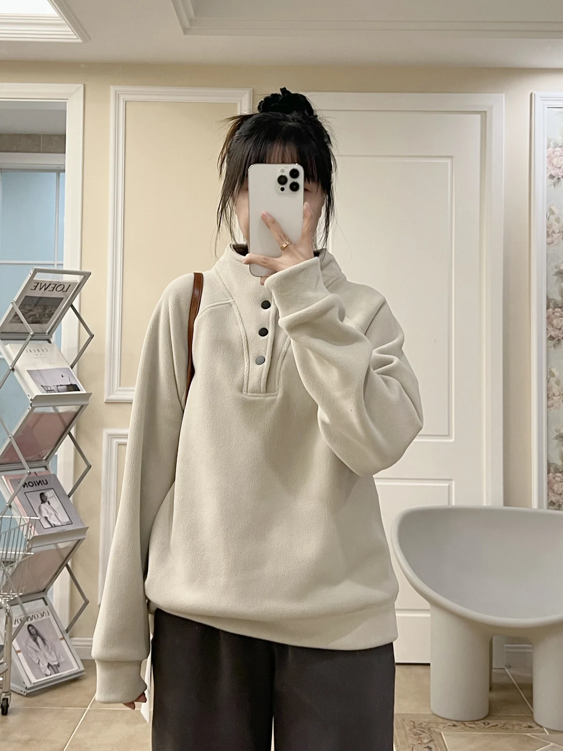 

Solid Fleece Snap-fastener Hoodies Women Autumn Winter Loose Casual Thick Warm Tops Coat Fashion All-matched Hoodies