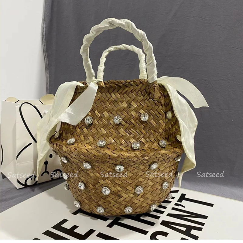 Diamonds Shine Summer Handmade Bags for Women Beach Weaving Ladies Straw Bag Wrapped Top Handle Handbags Totes Purses Luxury