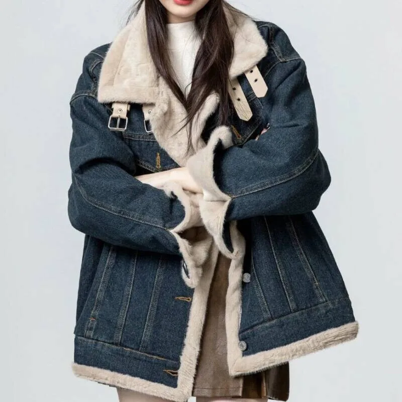 Giacca di jeans da donna con spessore in pile aggiunto, nuova giacca invernale in cotone stile moto 2025, top caldo e soffice