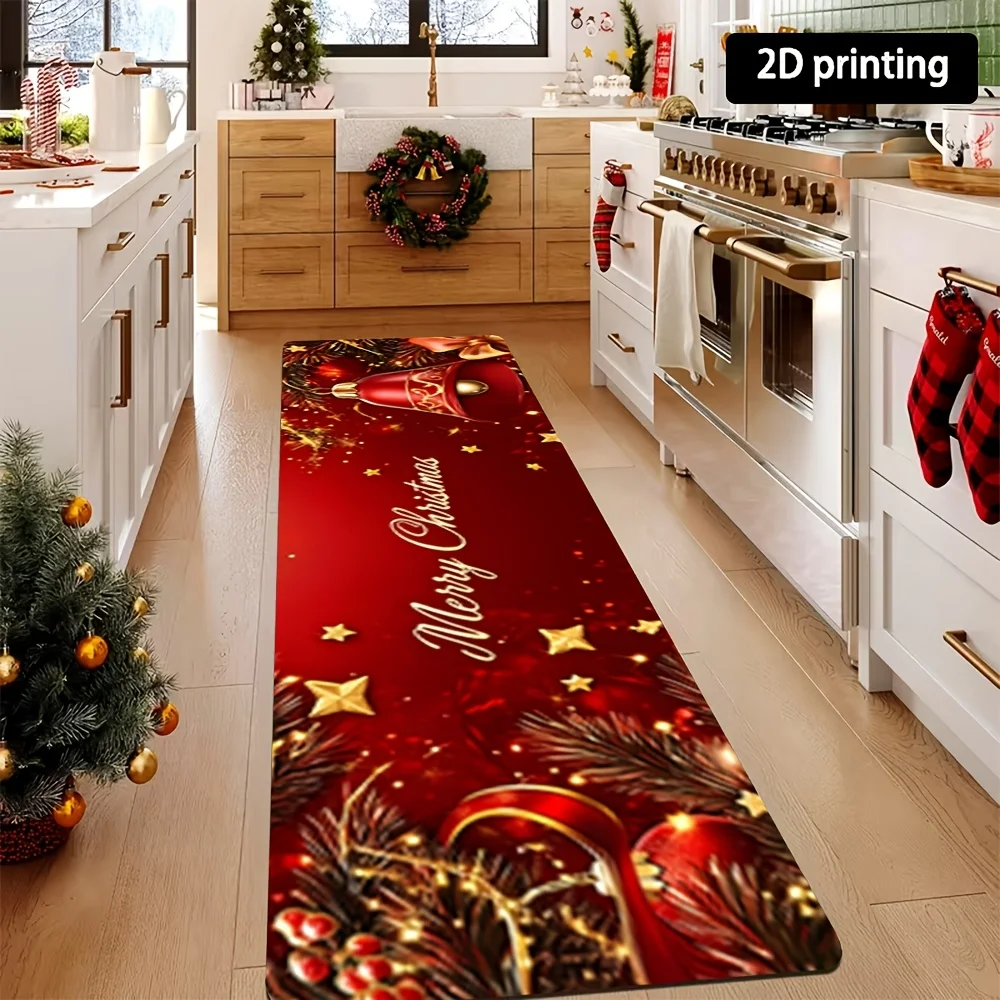 Red Christmas Bell Golden Star Runner Rug Pine Cone Berry Glow Print Long Floor Rug Elegant Merry Xmas Kitchen Entry Decor Rug
