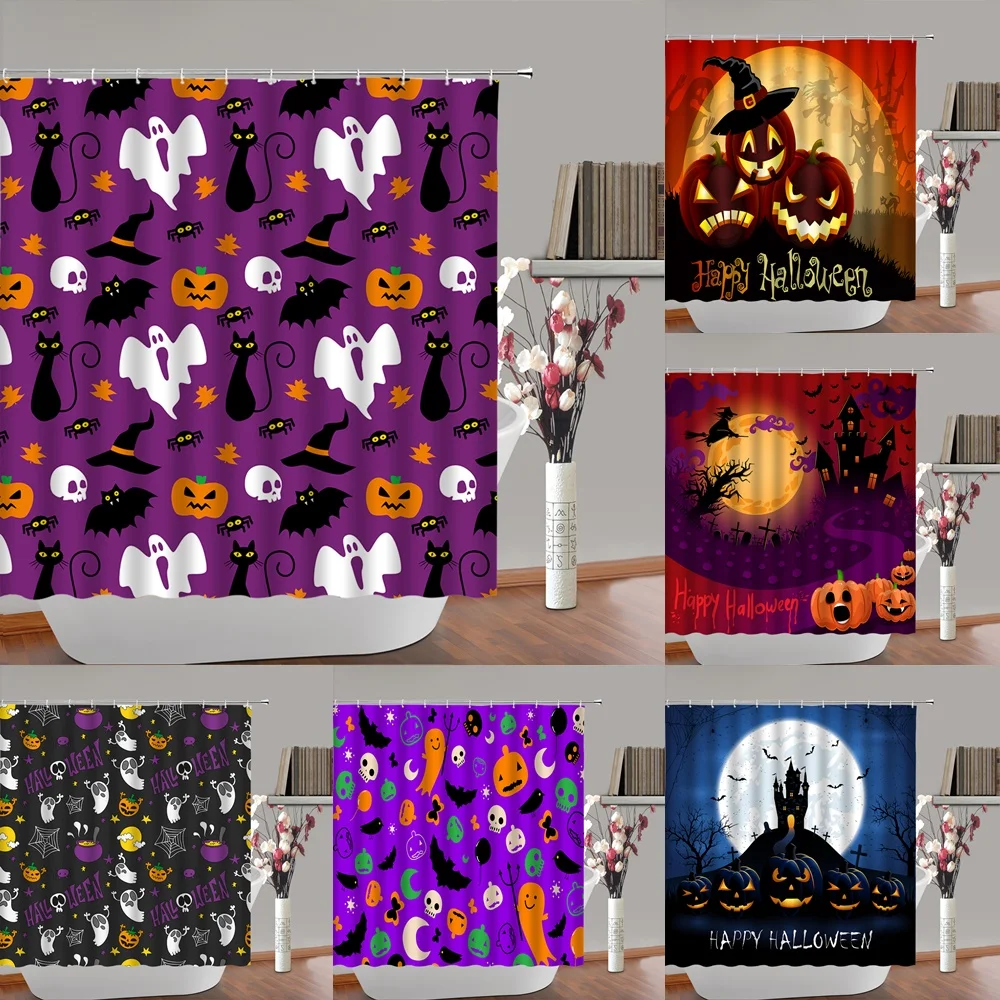 Cartoon Ghost Black Cat Pumpkin Shower Curtain Halloween Decor Witch Castle Spider Waterproof Fabric Bath Curtains For Bathroom