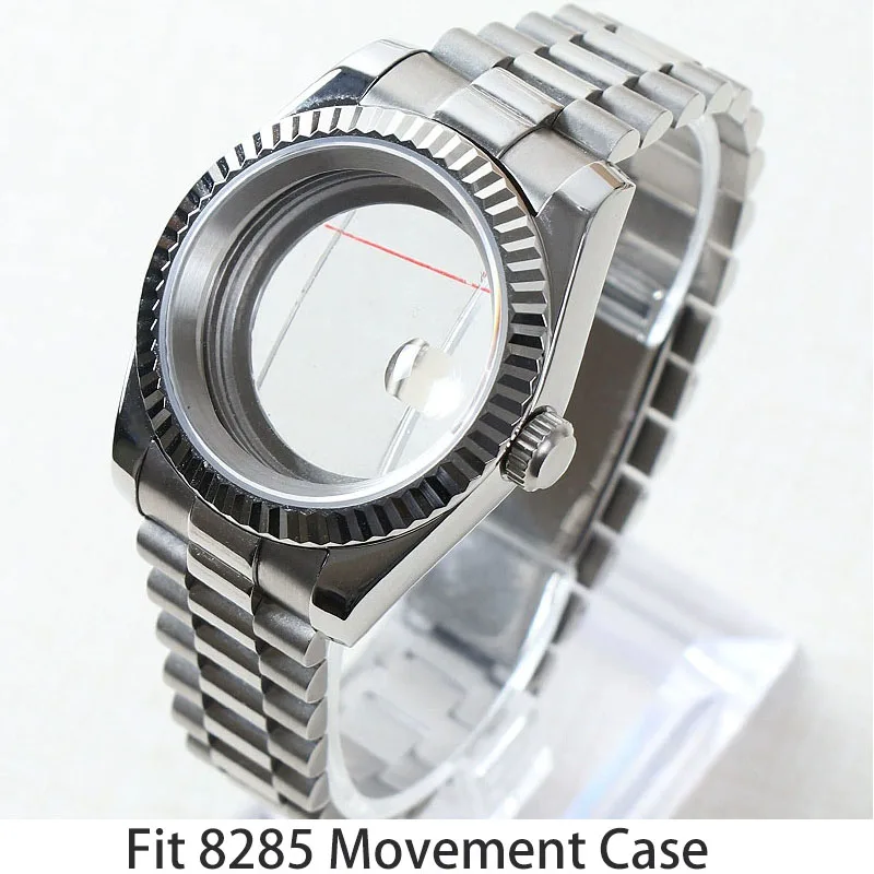 Wysokiej jakości obudowa 40 mm do elementów ruchu 8285 Obudowa ze stali nierdzewnej Szafirowe szkło kryształowe / pasek 20 mm Akcesoria do zegarków