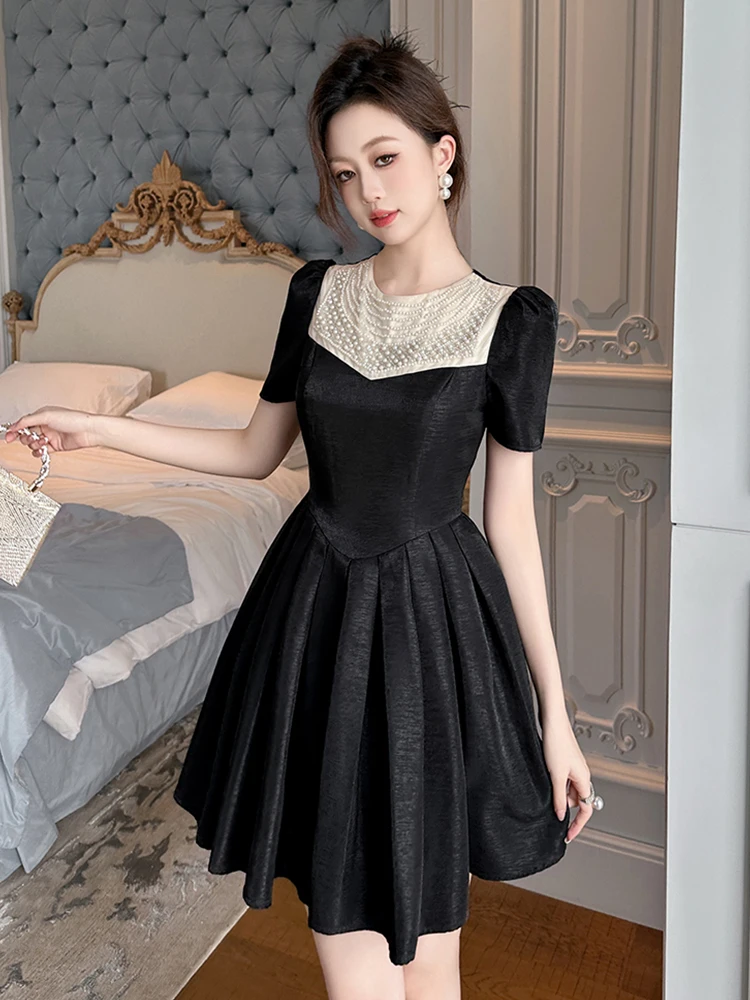 New Women\'s Retro Luxury Style Prom Dress Elegant Sweet Black Pearl Swing Short Ball Gown Party Banquet Vestidos Female Clothing