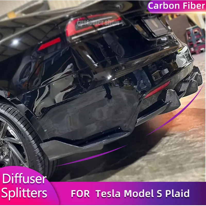 Carbon Fiber Rear Bumper Diffuser Lip with Splitters for Tesla Model S Plaid Sedan 4-Door 2021-2023 Car Rear Lip Apron Body Kits