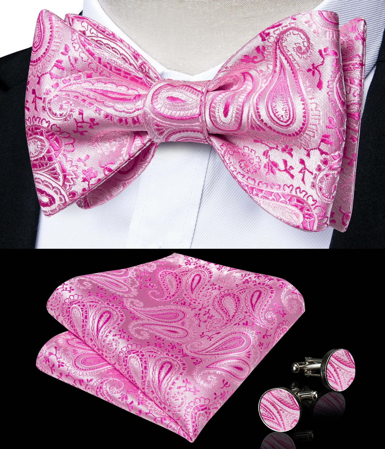 แบรนด์หรูสีชมพู Paisley ผู้ชาย Bowties Jacquard Party ผีเสื้อ Nots สำหรับ Man งานแต่งงาน Self-Tie Bowties Cufflinks Hanky ชุด