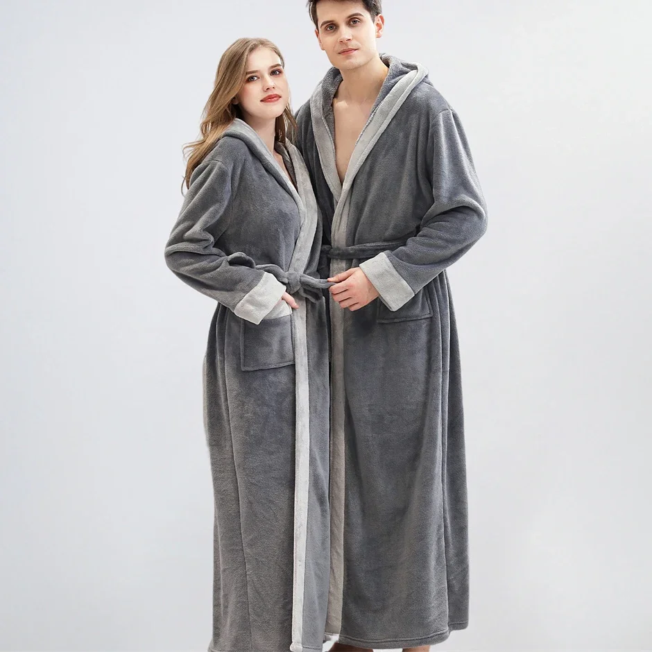 

Autumn Winter Flannel Long Bathrobe Kimono Gown Thicken Warm Hooded Robe Home Dress Loose Casual Couple Sleepwear Lounge Wear