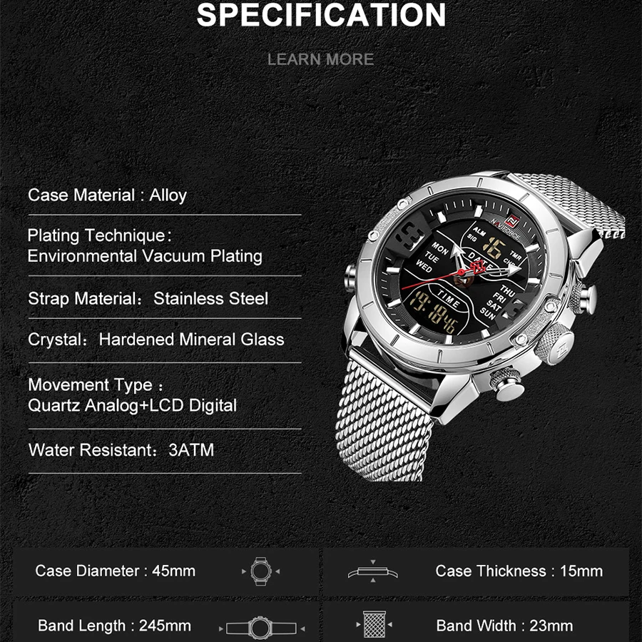 Luxury Brand NAVIFORCE Watches For Men Analog Digital Sports Waterproof Wristwatch Stainless Steel Siliver Original Watches 2022