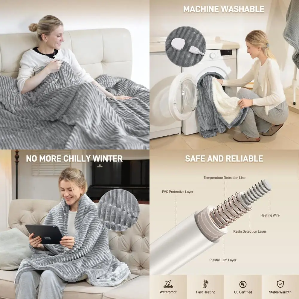 

King Size 100x90 Electric Flannel Blanket with 10 Timers, 6 Heat Levels, Machine Washable, Overheat Protection - Gray