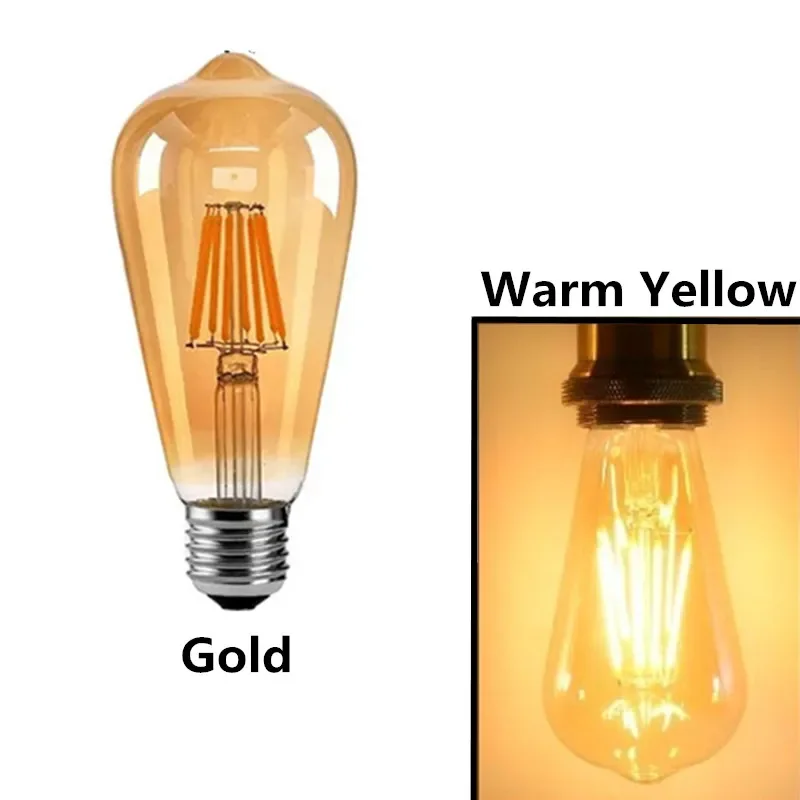 6PCS LED Edison Filament Light Bulbs Dimmable Golden Art Lights ST64 E27 B22 110V 220V 2W 4W 6W 8W 2700K Energy Lamps