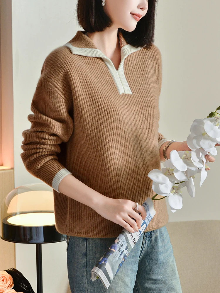 100% Pure Wool Sweater Women's 2024 Autumn/Winter New Flip Collar Color Blocking Pullover Fashion Light Luxury Cashmere Knit Top