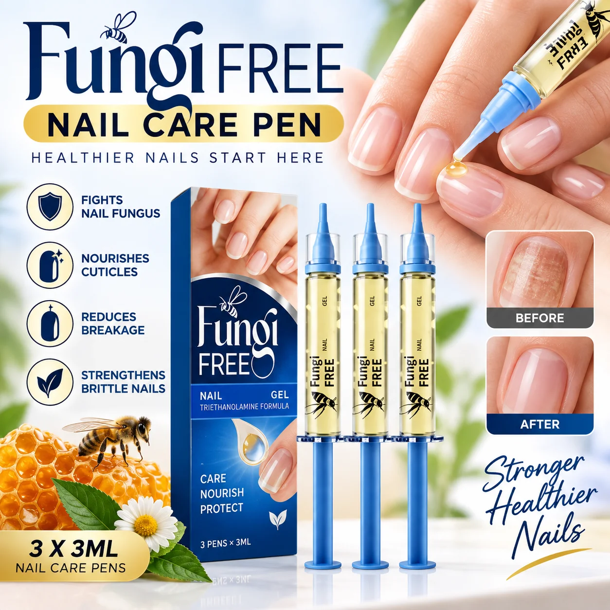 Bee Venom Nail Repair Pen 3ml X 3pcs - Deeply Nourishes Cuticles, Smooths Damaged Nail Surface & Supports Strong, Healthy Nail