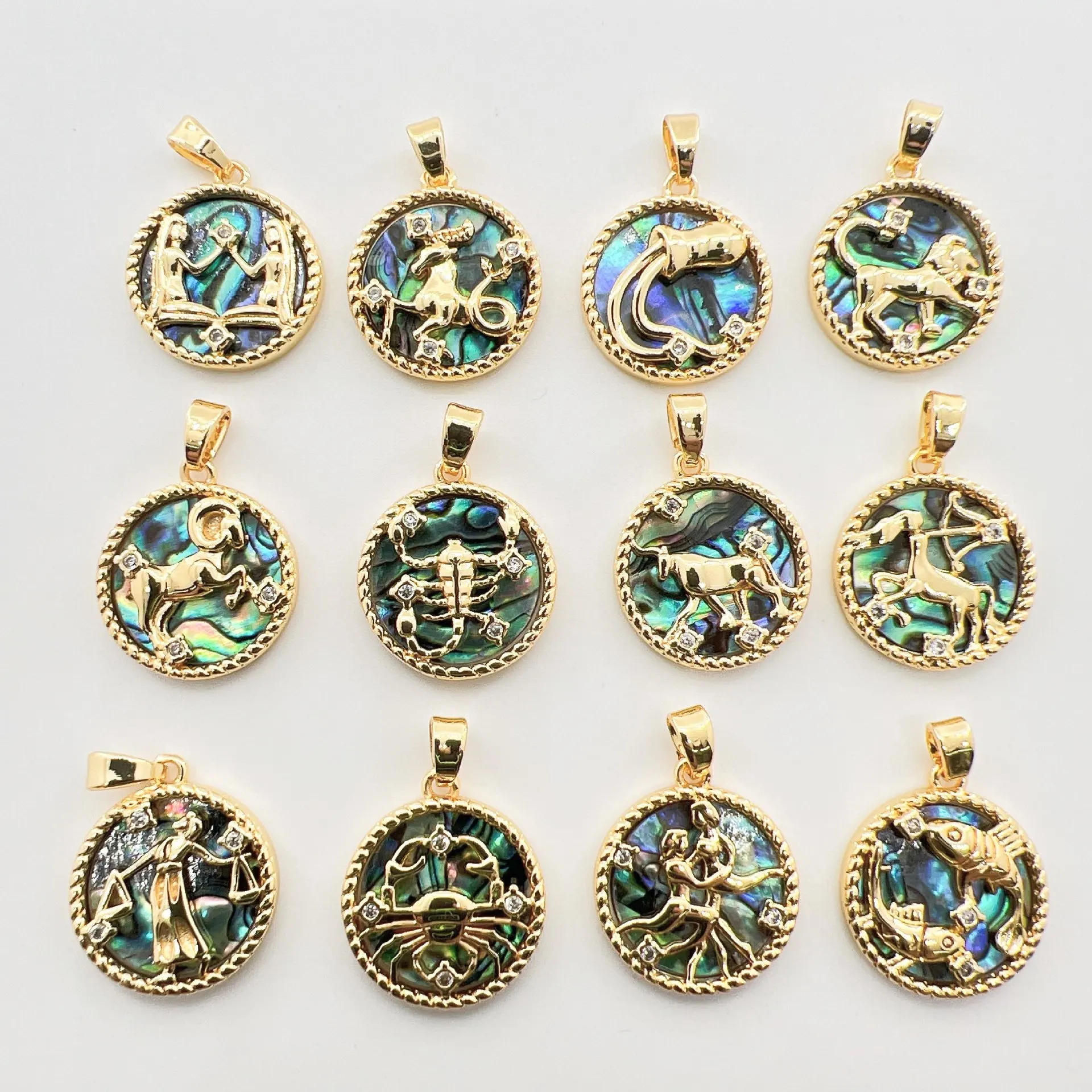 

12 Zodiac Signs Natural Abalone Shell Pendant DIY Handmade Bracelet Necklace Charm Copper Gold Plated Color Preserved Jewelry