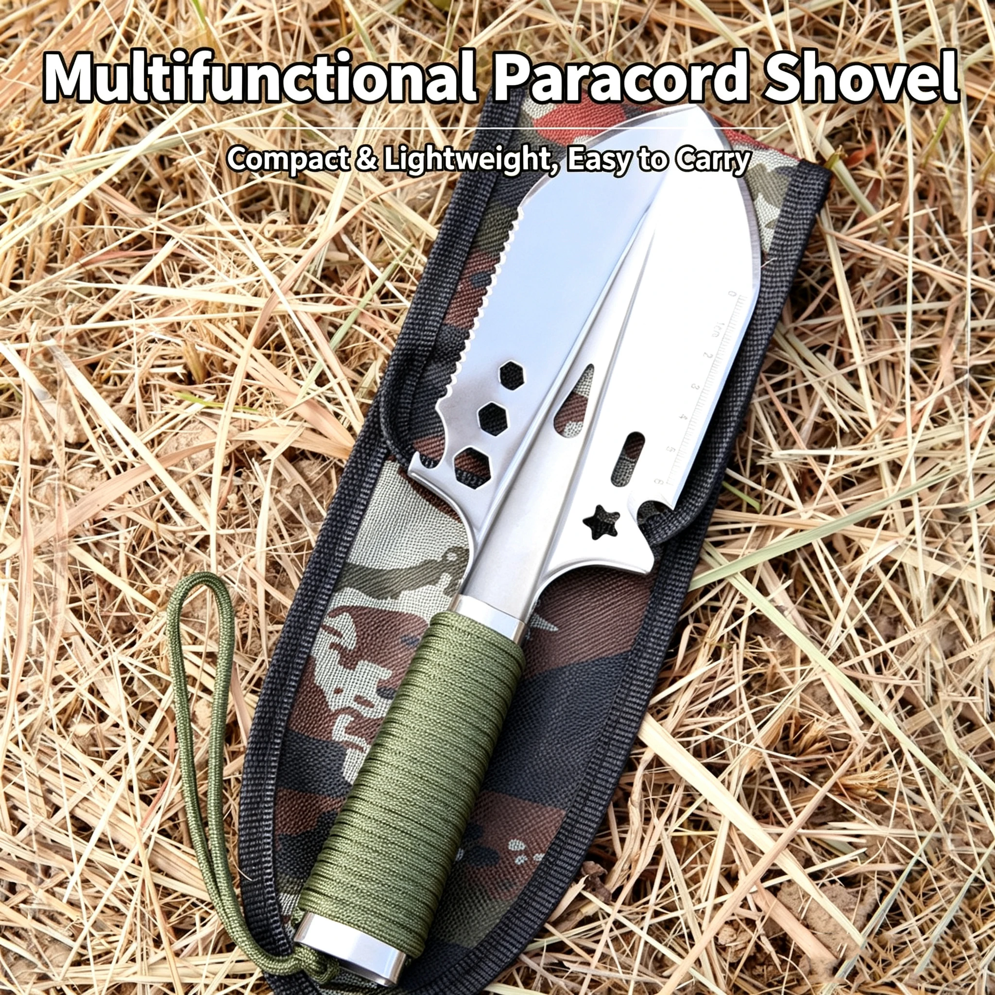 Multifunctional Stainless Steel Camping Shovel Portable Survival Hand Trowel with Saw Ruler Hex for Outdoor Hiking Gardening
