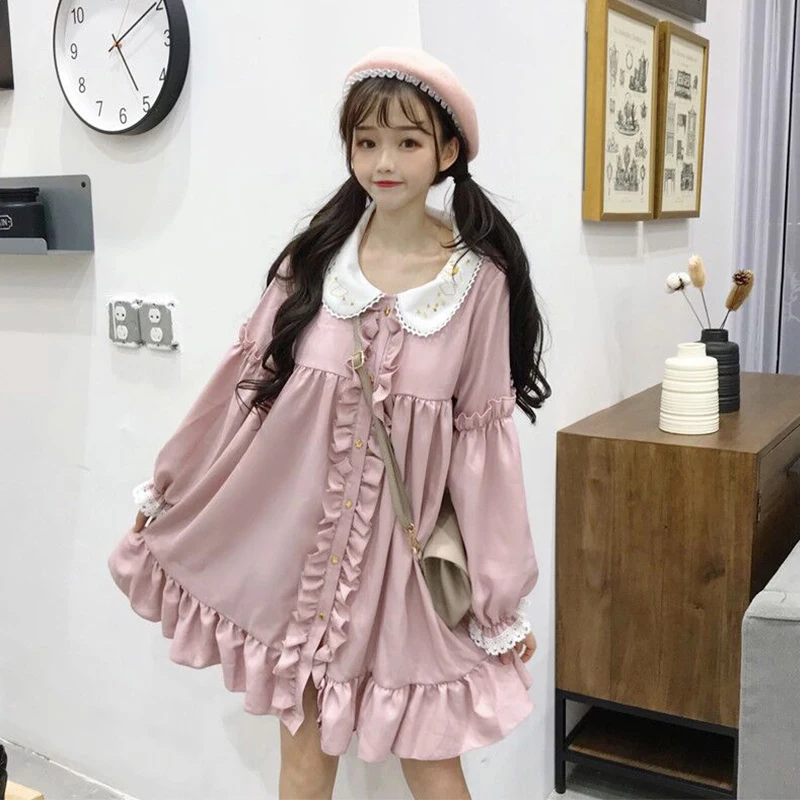 KOSAHIKI 2024 Summer Cute Dress Women Harajuku Pink Ladies Ruffle Lace Patch Kawaii Dresses Lolita Cosplay Sweet Loose Vestidos